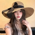 Women's straw sun hat with large black ribbon bow for summer beach vacation - Khaki with Black Bow