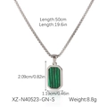Detail view of rectangular green stone pendant with 50cm silver chain and size specs - Silver-Malachite Green (Rectangle)