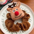 Brown plush reindeer scrunchie with 3D antlers and red nose for Christmas styling - K1-9# Large Reindeer