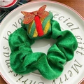 Green velvet Christmas tree hair scrunchie with embroidered gift box and red bow detail - K1-7# Small Gifts