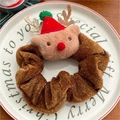 Brown corduroy Christmas scrunchie with plush bear wearing a festive reindeer hat - K1-8# Baby Deer