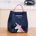 Navy blue insulated lunch bag featuring a pink unicorn print and durable woven handles - Dark Blue Unicorn