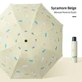 Three-fold beige umbrella with cute cartoon bear and apple print in open and closed views - Manual Reverse / Sycamore Beige Bow Dog