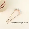Elegant champagne U-shaped metal hair comb with five graduated white pearls 10.2CM - Champagne Multi-Pearl Gold Hair Pin (2#)