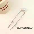 Silver U-shaped hair pin with a white pearl, 12cm length minimalist hair accessory - Silver Single Pearl Hair Pin (3#)
