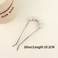 Silver metal U-shaped hair comb with white pearls in a 10.2cm gradient design - Silver Multi-Pearl Hair Pin (4#)