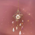 Golden geometric crystal suncatcher with octahedron frame and iridescent glass pendants - B6