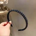 Detail of beaded headband featuring dark diamond-cut glass beads and silver accents - Navy Blue Crystal