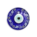30mm Turkish Evil Eye glass pendant charm with white floral detail and center eye pattern - Blue Crochet Flower Yellow Stamen Style (BE1803BU14)