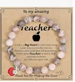 Detail view of pink stone bead bracelet with apple charm on teacher gift card - Pink Zebra Apple Bracelet