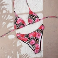 Sexy halter bikini with pink hibiscus floral and leopard print mix on sandy background - XS / Leopard Floral