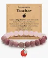 Pink zebra jasper beaded heart bracelet with apple charm on teacher gift card packaging - Rose Quartz Apple Bracelet