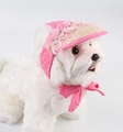 Pink pet baseball cap with lace lace, colorful beads and adjustable bow ribbon tie - M / Pink Straw Hat