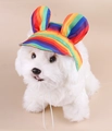 Rainbow striped dog baseball cap with ear holes and elastic chin strap on a white puppy - S / Rainbow With Ears