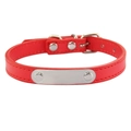 Red leather pet collar with adjustable silver buckle and customizable metal nameplate - Red