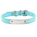Sky blue leather pet collar featuring an adjustable silver metal buckle and engravable tag - Light Blue