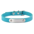 Adjustable turquoise leather pet collar with silver metal ID tag for custom engraving - Lake Blue