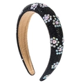 Sparkling black crystal padded headband featuring pink rhinestone floral accents for women - Black