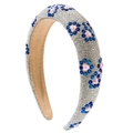 Cerchietto imbottito spesso con strass, cristalli blu e perle a cuore rosa - Bianco