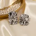 Irregular liquid metal silver square stud earrings with fold texture on white silk background - Irregular Texture (D312/D325) / Silver Square