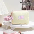 Pale yellow heart quilted makeup bag with pink pleated handle and lace zipper detail - Small / Yellow