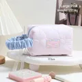 Pink heart quilted cosmetic bag with blue ruched handle and sweet macaron style - Large / Pink