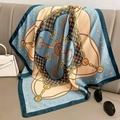 Baroque print satin square scarf with gold chain and key patterns on a leather sofa - 70x70cm / Blue