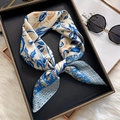 Elegant retro floral silk square scarf in navy blue and golden brown for professional wear - Crescent Moon Owl