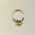 Brazalete dorado DIY con dijes de osito brillante, gema de corazón y flores - Negro