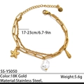 Double-layer 18K gold plated stainless steel bracelet with starfish, feather and pearl charms - Gold Double Layer Starfish Pearl Feather