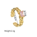 Detailed view of gold braided ring with pink rectangular stone showing 1.8cm inner diameter - Rectangular Pink Gem Style (R701-cfx)