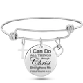 Adjustable stainless steel bangle with Bible verse disc, cross, and heart charms - Philippians 4:13 (Style 6)