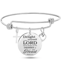 Adjustable silver wire bangle with cross heart and engraved Bible verse charms - Psalm 37:4 (Style 7)