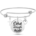 Silver adjustable wire bracelet with heart, cross, and engraved religious metal pendant - Psalm 28:7 (Style 14)
