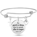 Bracciale regolabile in filo di acciaio inossidabile argento con ciondolo Giacomo 1:19 - Giacomo 1:19 (Stile 2)