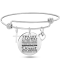 Silver adjustable bangle with heart, cross, and Bible verse round charms - Proverbs 3:5-6 (Style 9)