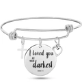 Silver adjustable wire bracelet with engraved round tag and cross pendant charms - Romans 5:8 A (Style 10)