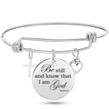 Silver stainless steel expandable wire bracelet with cross heart and engraved round charms - Psalm Inspirational (Style 11)