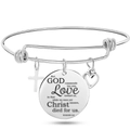 Adjustable silver wire bangle with heart, cross, and Bible verse engraved disc charms - Romans 5:8 B (Style 12)
