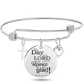 Silver charm bracelet with cross and engraved Bible verse pendant on wire band - Psalm 118:24 (Style 16)