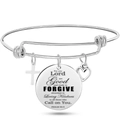 Adjustable silver steel wire bracelet with cross, heart charms and engraved round tag - Psalm 86:5 (Style 18)