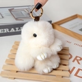 Pluffy cream bunny plush keychain with golden ring for bags and car accessory - Large / Off White