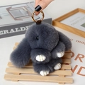 Dark grey fluffy bunny keychain with long ears and golden metal ring for bags - Large / Dark Gray