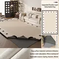 Washable beige chenille rug with black geometric border and anti-slip backing - Removable And Washable Faux Cashmere - Milan Mansion