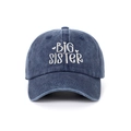 Dark blue washed denim baseball cap featuring white Big Sister embroidery and hearts - Adjustable / Navy Blue Big Sister