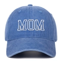 Washed blue cotton baseball cap featuring white MOM collegiate embroidery - Adjustable / Light Blue MOM (Cut-out Style)