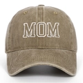 Vintage washed cotton baseball cap in brown featuring white MOM embroidery detail - Adjustable / Khaki MOM (Cut-out Style)