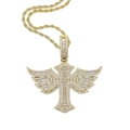 Macro shot of gold hip-hop winged cross pendant iced out with zircon stones and rope chain - Gold Pendant with 60cm Rope Chain