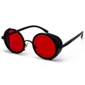 Steampunk round sunglasses with matte black frames and reflective red lenses - Black Frame Ocean Red