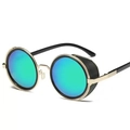 Steampunk round sunglasses with gold frames, green reflective lenses and side shields - Silver Frame Green Mirror
